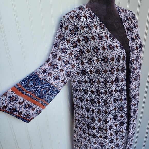 Exclusive One Geo Print Boho Kimono Duster Top Stretch Mesh Lightweight Sz M - Picture 3 of 13